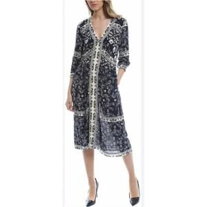 Sea New York Bandana Border Print Midi Dress Womens Size 6 Navy Cream Boho Chic